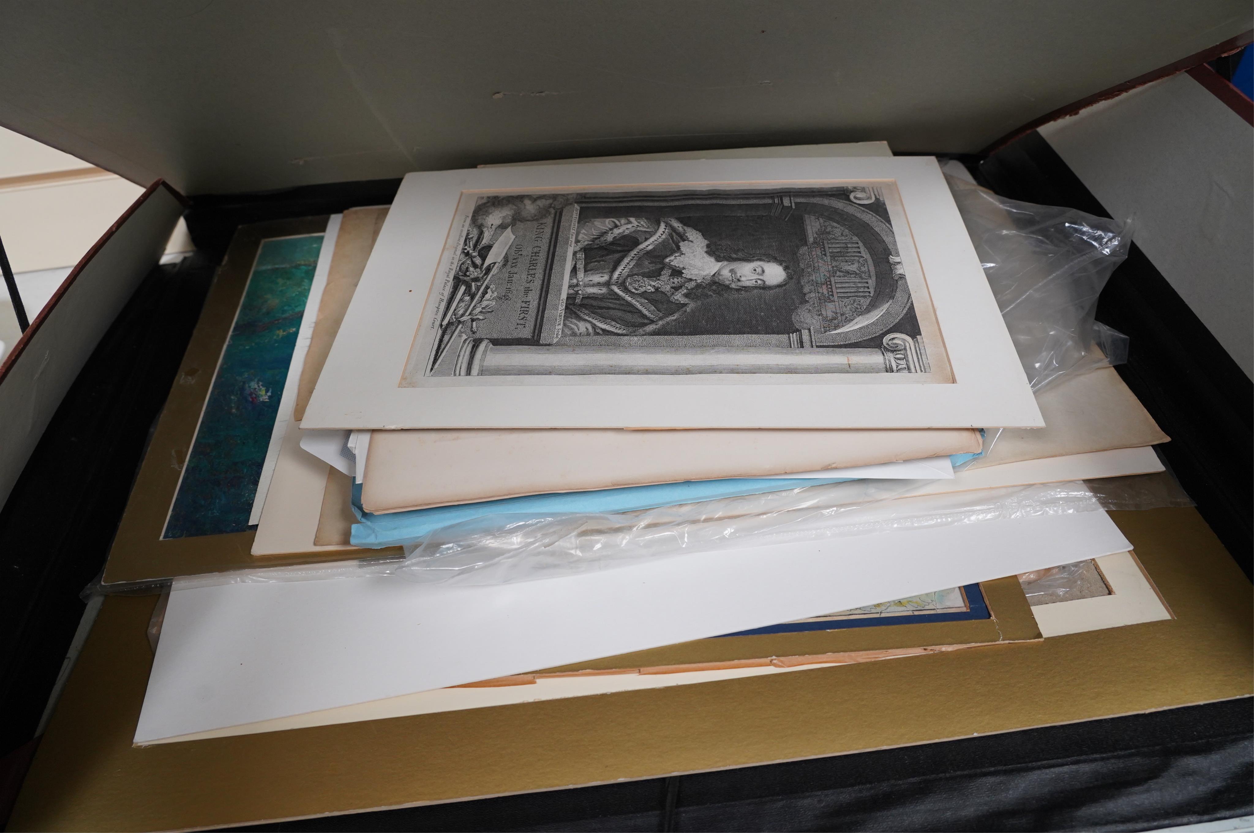 A folio of mixed watercolours, inks and antique engravings, including after Anthony Van Dyck, King Charles I engraving, 19th century pencil sketch, a Rhine castle and a folio of George Crookshank engravings. Condition -